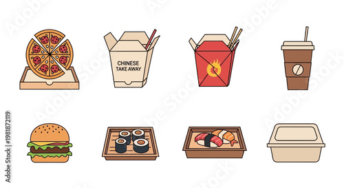 A delightful collection of diverse takeout food icons, perfect for illustrating convenient food services, online delivery, and quick meal options