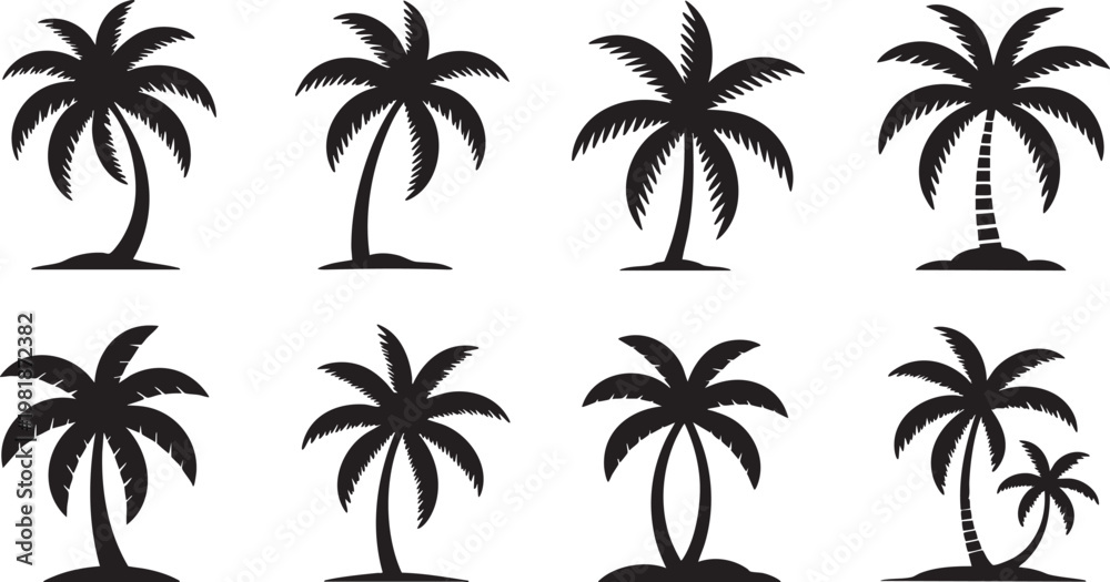 Fototapeta premium Nine black palm tree icons on white background with icon set, background