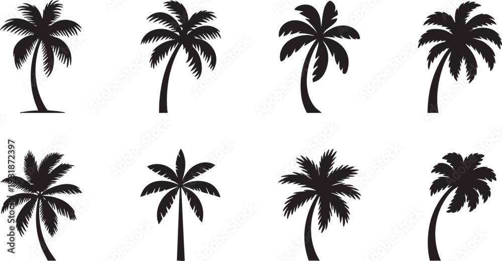 Fototapeta premium Set of ten palm trees in various poses and styles, including a single tree