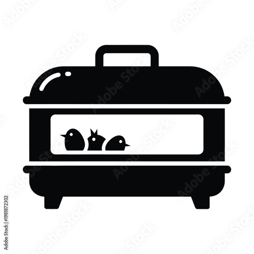 Minimalist egg incubator icon, black silhouette of poultry hatchery machine with small chicks, professional farming equipment vector for agricultural branding and livestock apps