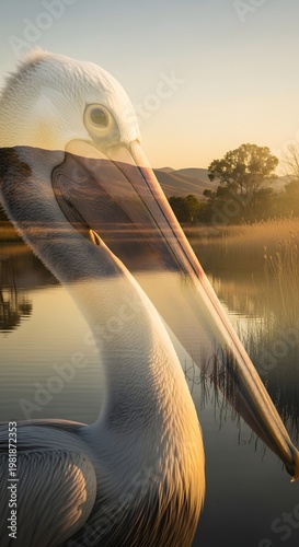 A serene pelican in a captivating composition, merging with a tranquil waterscape, illuminated by the warm light of sunrise. Wall Art, Poster, Animal Print, Landscape Printable