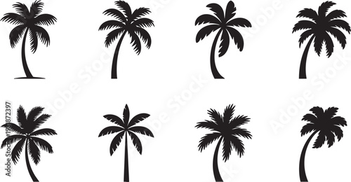 Set of ten palm trees in various poses and styles, including a single tree