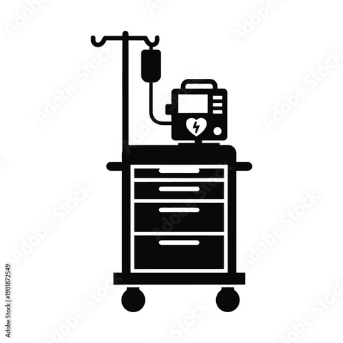 Medical crash cart vector icon, hospital emergency trolley with defibrillator and IV pole, black silhouette of clinical equipment for intensive care and first aid