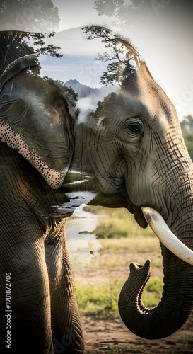A Majestic elephant portrait with a serene landscape scene blending into the image. Reflecting the beautiful fusion of nature and wildlife Wall Art, Poster, Animal Print, Landscape Printable