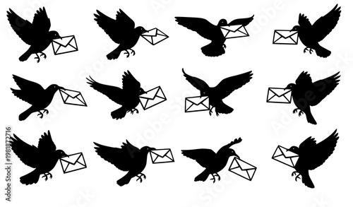 Bird carrying envelope icon set message delivery silhouette vector isolated on white background