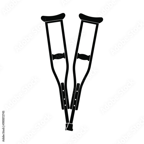 Medical crutches silhouette vector, orthopedic walking aids for injury recovery, black pair of crutches for disabled patient mobility, healthcare equipment icon on white background