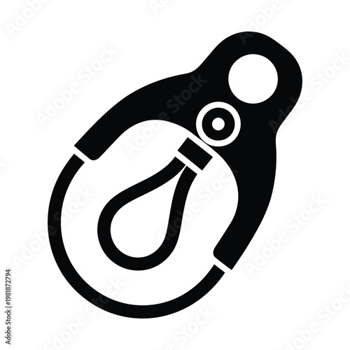 Industrial snap shackle vector icon, black heavy duty marine hardware silhouette, metal rigging connector for sailing and climbing, secure nautical snap hook equipment