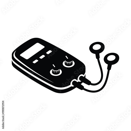 TENS machine vector icon for physical therapy, portable electronic nerve stimulator device, medical pain relief equipment with electrode pads, muscle stimulation tool