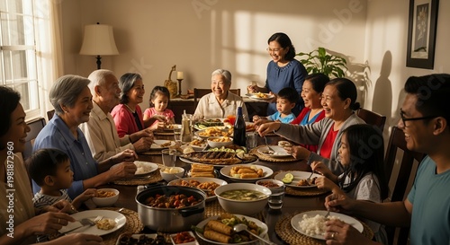 Joyful Multi-Generational Asian Family Sharing a Delicious Meal at Home