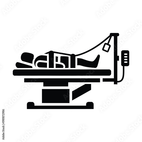 Medical traction bed icon, patient lying on orthopedic hospital table with spinal decompression equipment, black and white vector illustration for physical therapy clinics