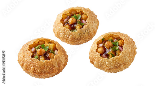 Traditional Indian Pani Puri street food, crispy golden Golgappa snacks with chickpea filling, spicy stuffed Puchka appetizers for restaurant menu isolated PNG with Transparent Background