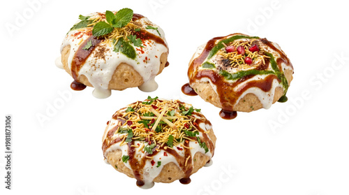 Traditional Raj Kachori chaat with yogurt and chutney, spicy Indian street food snacks, crispy stuffed puri with sweet and tangy sauces isolated PNG with Transparent Background