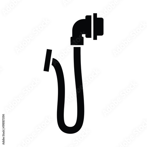 Industrial hydraulic hose vector icon, black flexible pressure pipe with metal fittings, plumbing connector and rubber tubing silhouette for technical engineering diagrams