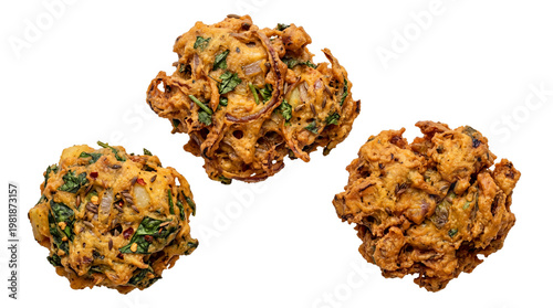 Crispy vegetable pakora snacks, golden fried onion bhaji fritters with spinach, traditional Indian appetizers and savory street food isolated PNG with Transparent Background