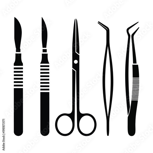 Surgical instruments vector set, medical scalpel and scissors icons, professional surgery tools collection, black silhouette of tweezers and forceps for healthcare design