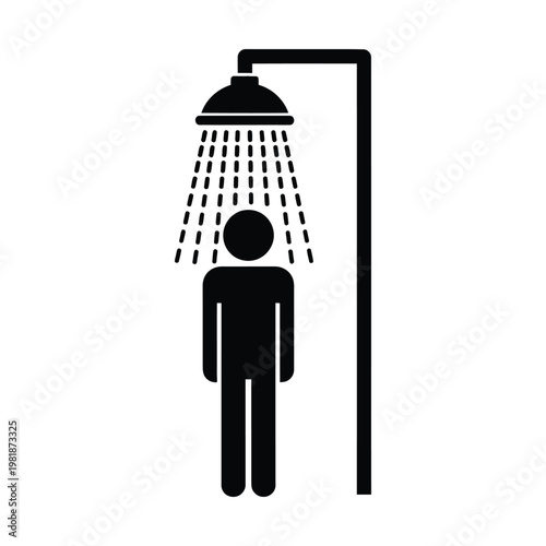 Shower icon with person silhouette, black bathroom pictogram of man washing under water spray, minimalist hygiene and personal care vector symbol for signage