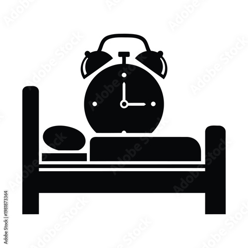 Minimalist alarm clock and bed icon vector, black silhouette of a bedroom furniture with wake up timer, simple morning routine symbol for hotel and sleep tracking apps