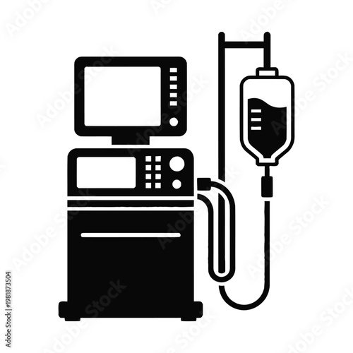 Medical ventilator machine with IV drip bag vector icon, hospital life support equipment for intensive care, patient monitoring system for healthcare emergency services