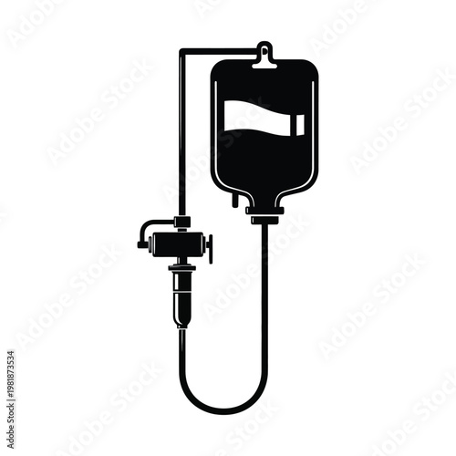 Medical IV drip bag vector icon, intravenous therapy equipment silhouette, saline solution infusion bag for hospital treatment, black and white clinical healthcare graphic