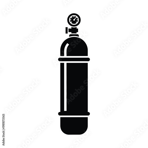 Industrial gas cylinder icon, black oxygen tank vector with pressure gauge, compressed air bottle silhouette for welding and medical equipment, isolated flat design
