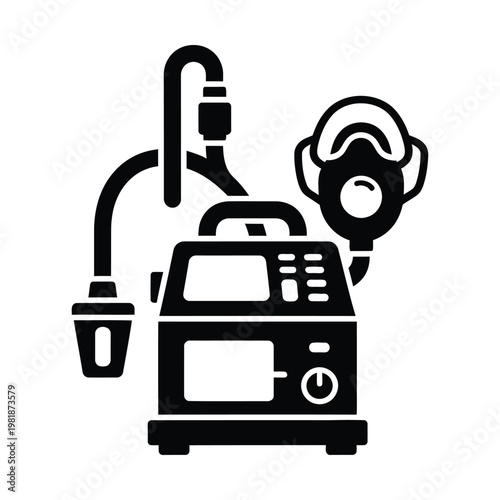 Medical ventilator machine icon, portable mechanical ventilation system with oxygen mask and breathing tubes, intensive care unit life support equipment vector illustration