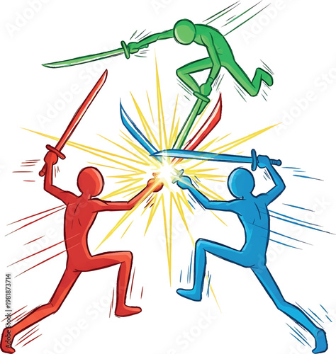 Three stick figures in red, blue, and green fighting with swords