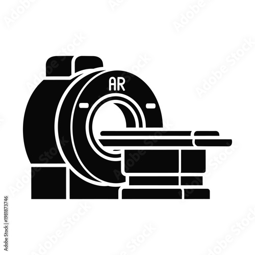 MRI scanner icon with AR text, medical magnetic resonance imaging machine vector, black silhouette of hospital diagnostic equipment for radiology and healthcare