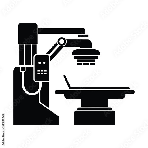Medical X-ray machine icon in black silhouette style, diagnostic radiology equipment vector, hospital imaging scanner with examination table for clinical healthcare design