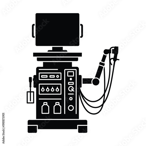 Medical endoscopy system vector icon, professional surgical workstation with monitor and robotic arm, hospital diagnostic equipment silhouette for healthcare infographics