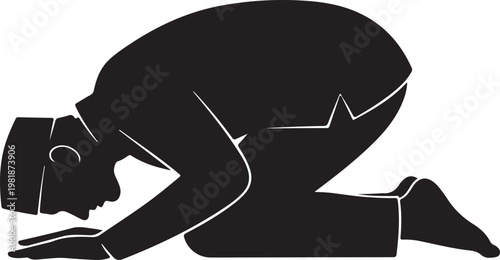 Sujood Prayer Silhouette, Worship Black Vector Isolated on White Background