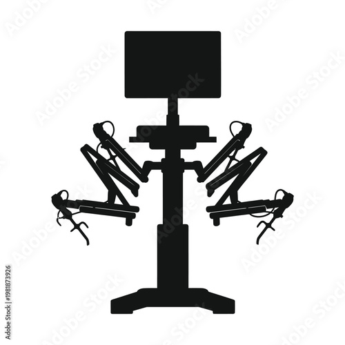 Robotic surgery system silhouette vector, advanced medical robot with multiple mechanical arms and monitor, futuristic surgical technology for minimally invasive procedures