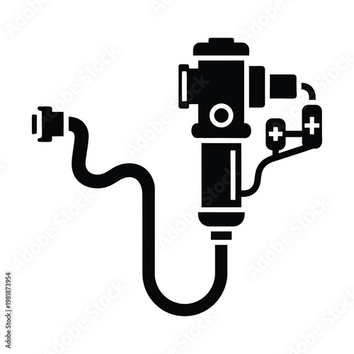 Endoscope medical device icon, professional endoscopy equipment for internal examination, surgical diagnostic tool vector, black silhouette of flexible gastroscopy instrument
