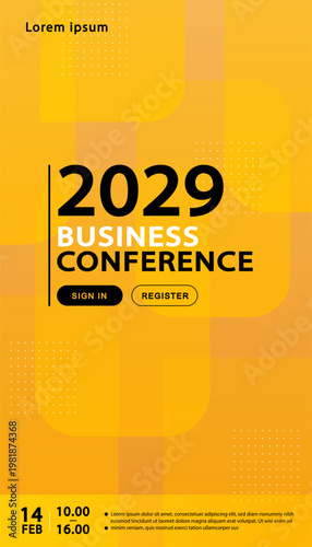 Business conference banner template with yellow abstract background and copy space for corporate event promotion landing page and digital workshop invitation.