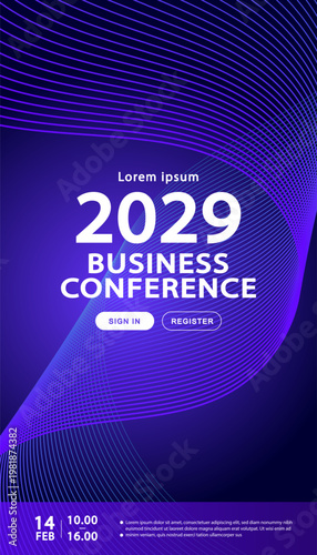Business conference vertical banner template with abstract purple wavy lines and dark blue background for social media story, mobile app interface, and corporate event announcement.