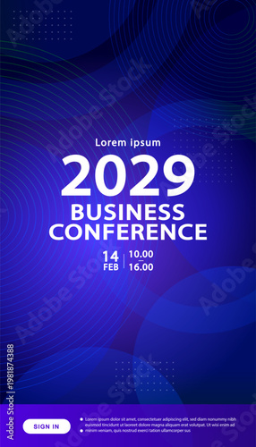 Business conference abstract background with dynamic blue and purple wavy lines and light glow for technology seminar presentation professional corporate event announcement banner and copy space