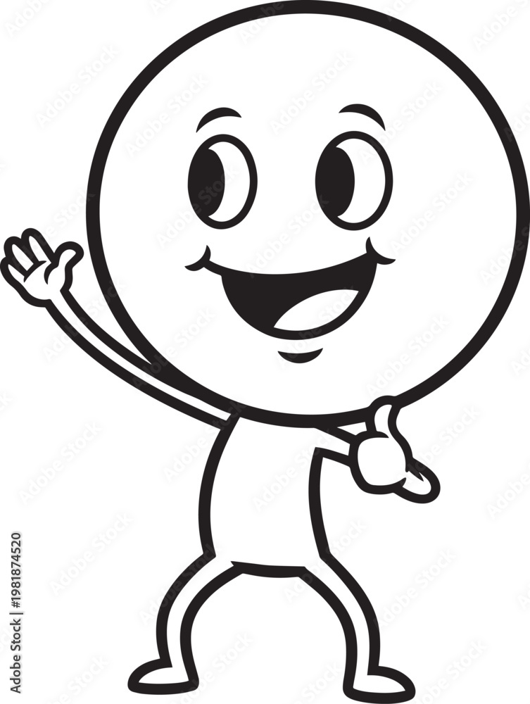Fototapeta premium Cartoon character with a round head waving and giving a thumbs up