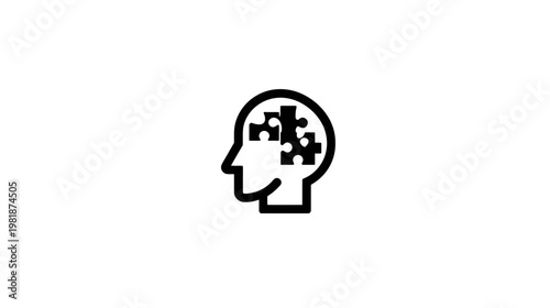 Outline icon of human head profile with jigsaw puzzle pieces, symbolizing brain, problem-solving, memory, and mental health.