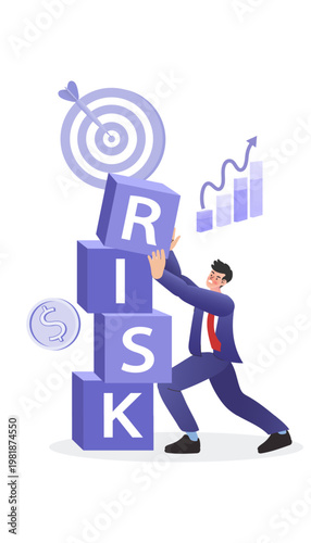 Risk management concept with businessman trying to stop falling risk blocks for financial stability and business goal protection in flat vector style.