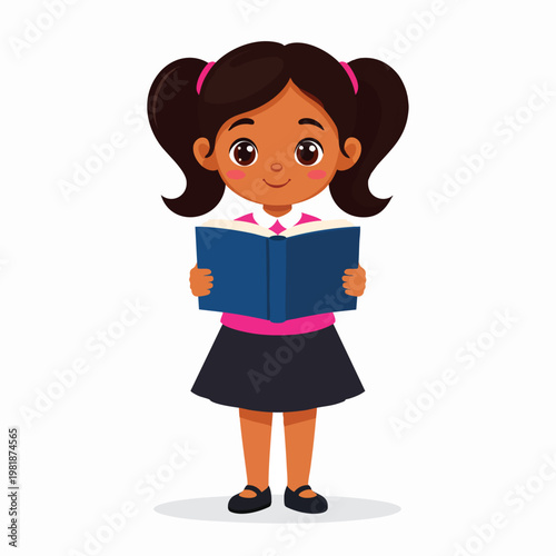 Young girl reading book standing outdoors in sunny environment with educational material