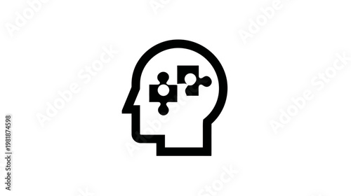 Mind Puzzle Icon: Human Head Silhouette with Connecting Puzzle Pieces for Problem Solving, Cognitive Function, Memory, and Ideas