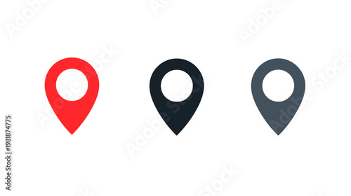Set of three location map pin icons in red, black, and grey, representing navigation, GPS, and destination pointers
