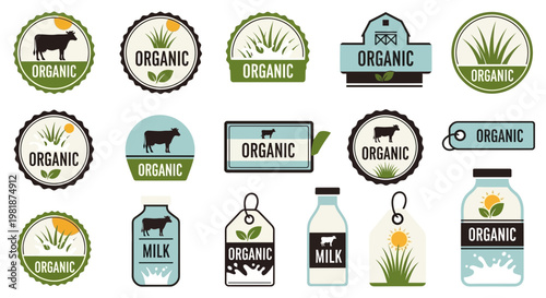 Curated collection of diverse organic food and dairy product labels, badges, and tags featuring cows, milk, and natural elements for eco-friendly branding and packaging design