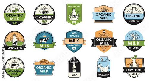 Variety of organic milk product labels. Retro style emblems and badges featuring natural dairy, farm fresh packaging, and wholesome branding