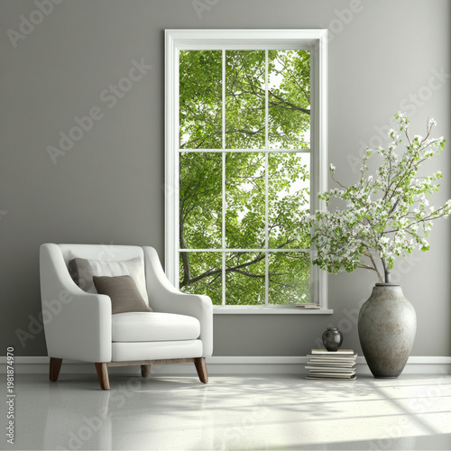 White armchair gray wall white wooden window green tree large ceramic vase blooming branch stack of books modern interior
