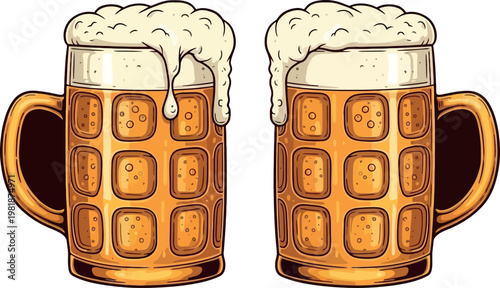 Illustration of Two Frothy Beer Mugs with Golden Liquid for Beer Lovers, Pub, and Beverage Design