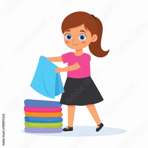 A young girl excitedly stacking colorful folded clothes indoors