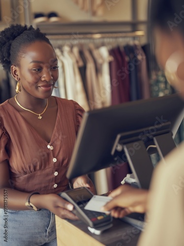 Young South African woman at retail checkout counter, smiling while assisting customer with payment in a clothing store filled with garments and accessories
