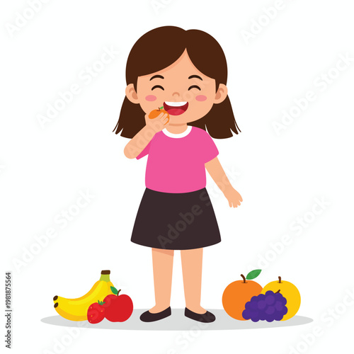 A young girl happily eating an orange surrounded by various fruits on the ground