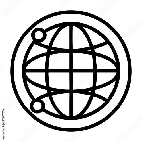 Global Connection Symbol: A minimalist line-art icon of a globe enclosed within a circular frame, representing the interconnectedness of global networks and information flow.