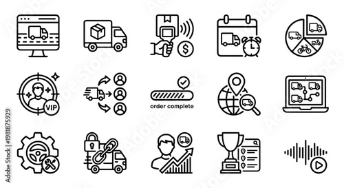 Web ecommerce delivery truck secure logistics and real time route optimization outline icons set isolated on white background concept of delivery tracking